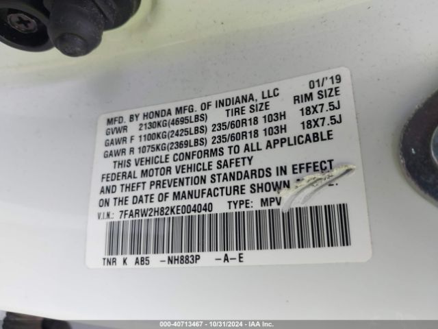 7FARW2H82KE004040 Honda Cr-v Ex-l