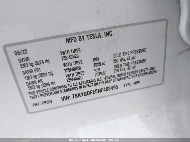 2022 TESLA MODEL Y 7SAYGDEE5NF488495 Photo 8