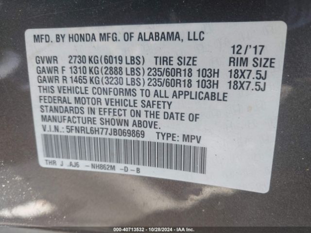 5FNRL6H77JB069869 Honda Odyssey Ex-l