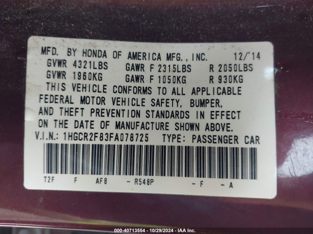 Honda Accord Ex-l 2015 1HGCR2F83FA078725 Image 9