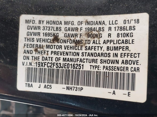 Honda Civic Lx 2018 19XFC2F53JE016251 Image 9