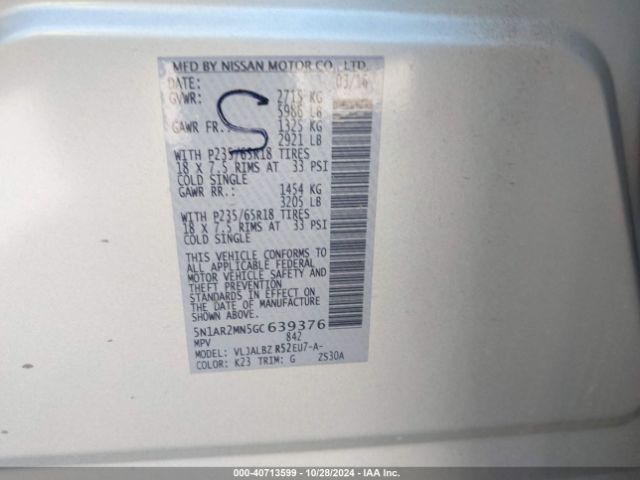 5N1AR2MN5GC639376 Nissan Pathfinder Platinum/s/sl/sv