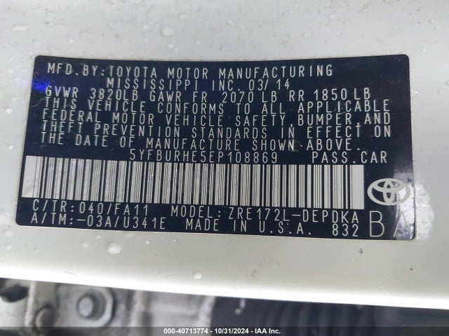 5YFBURHE5EP108869 Toyota COROLLA L