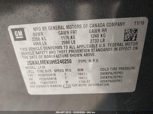 GMC Terrain Sle-1 2017 2GKALMEK9H6240250 Image 9