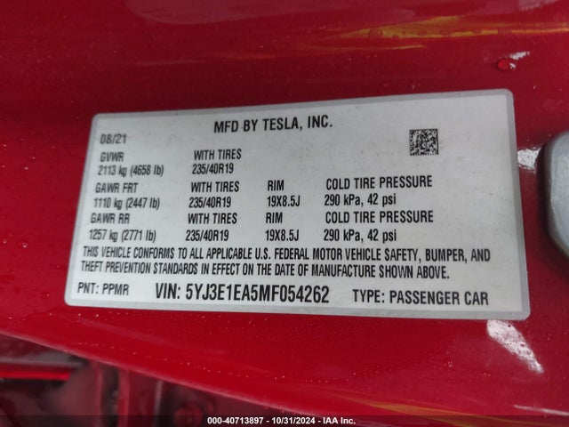 2021 TESLA MODEL 3 5YJ3E1EA5MF054262 Photo 8
