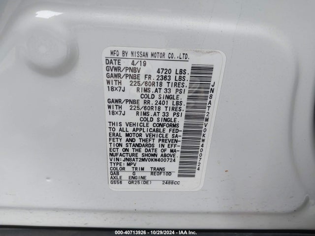 Nissan ROGUE SV 2019 JN8AT2MV0KW400724 Image 9