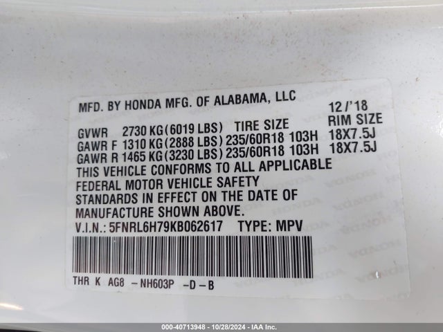 Honda Odyssey Ex-l 2019 5FNRL6H79KB062617 Image 9