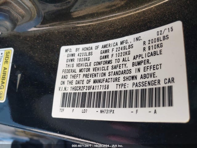 Honda ACCORD LX 2015 1HGCR2F39FA117158 Image 9