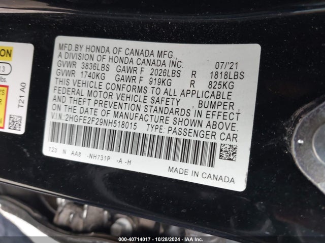 Honda Civic Lx 2022 2HGFE2F29NH518015 Image 9