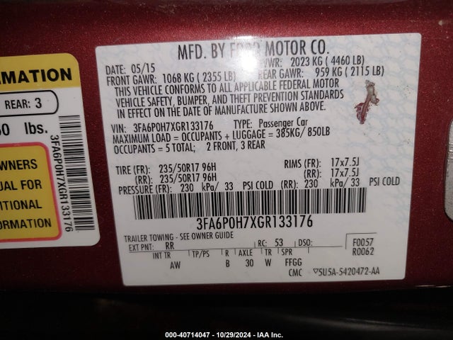 Ford FUSION SE 2016 3FA6P0H7XGR133176 Image 9