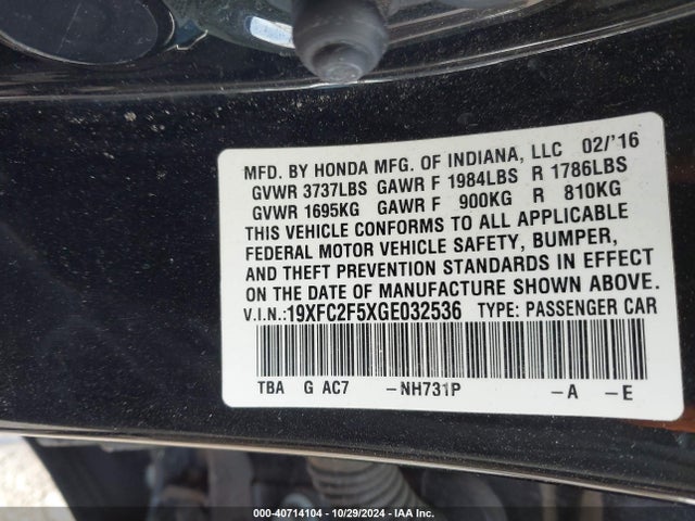Honda Civic Lx 2016 19XFC2F5XGE032536 Image 9