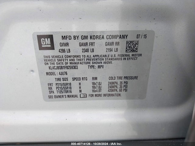 KL4CJBSB1FB259303 Buick Encore Convenience
