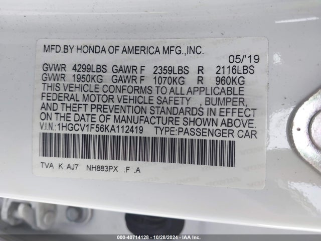 Honda Accord Ex-l 2019 1HGCV1F56KA112419 Image 9