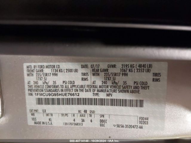 1FMCU9G95HUE76612 Ford ESCAPE SE