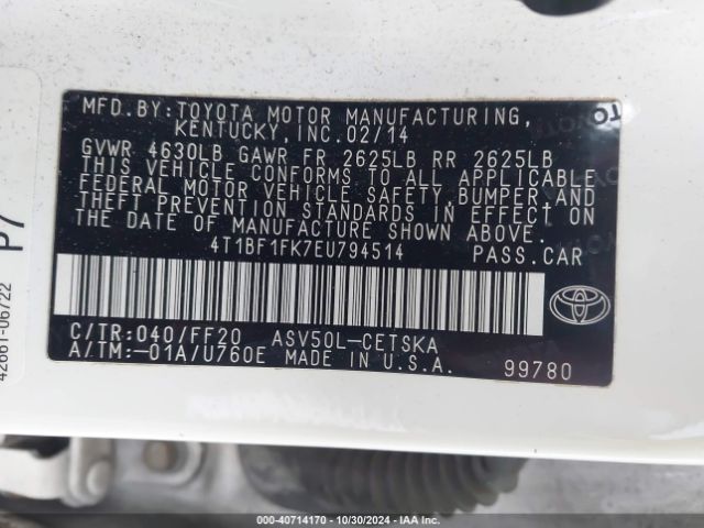 4T1BF1FK7EU794514 Toyota CAMRY SE