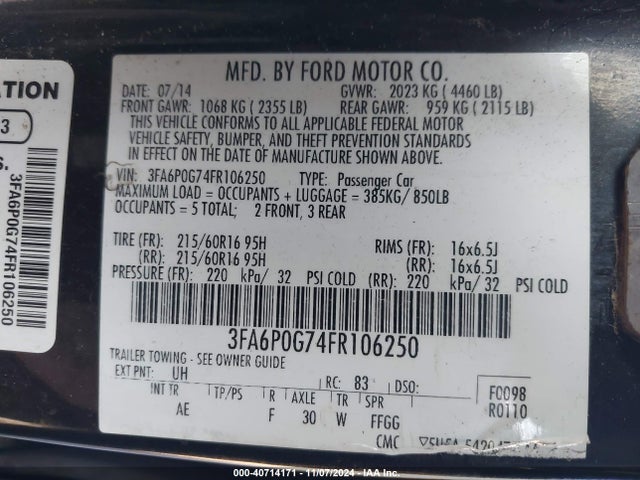 Ford FUSION S 2015 3FA6P0G74FR106250 Image 9