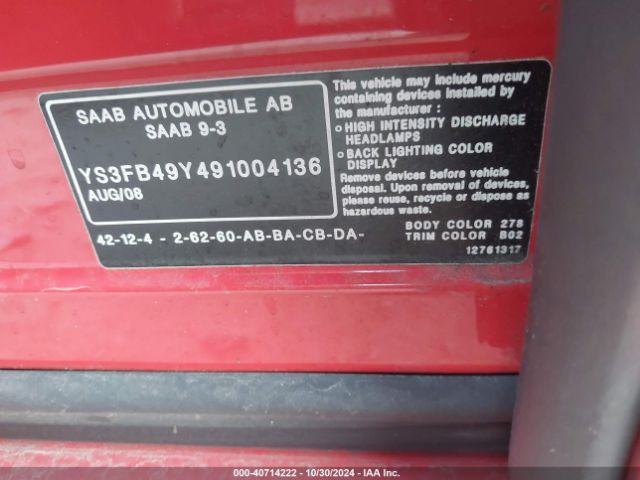 2009 SAAB 9-3 YS3FB49Y491004136 Photo 8