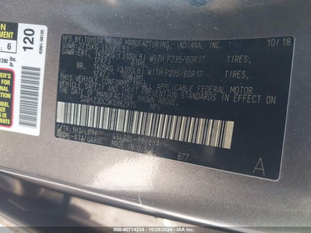 5TDYZ3DC5KS982915 Toyota Sienna Xle 8 Passenger