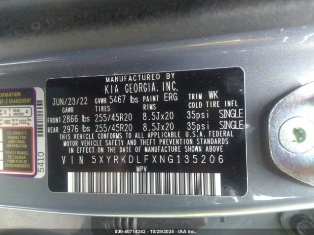 5XYRKDLFXNG135206 KIA SORENTO SX