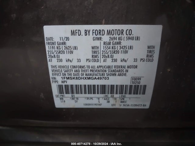 40714278 :رقم المزاد ، 1FMSK8DHXMGA49703 vin ، 2021 Ford Explorer Xlt مزاد بيع