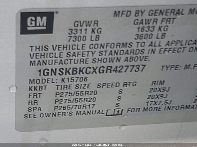 1GNSKBKCXGR427737 Chevrolet Tahoe Lt