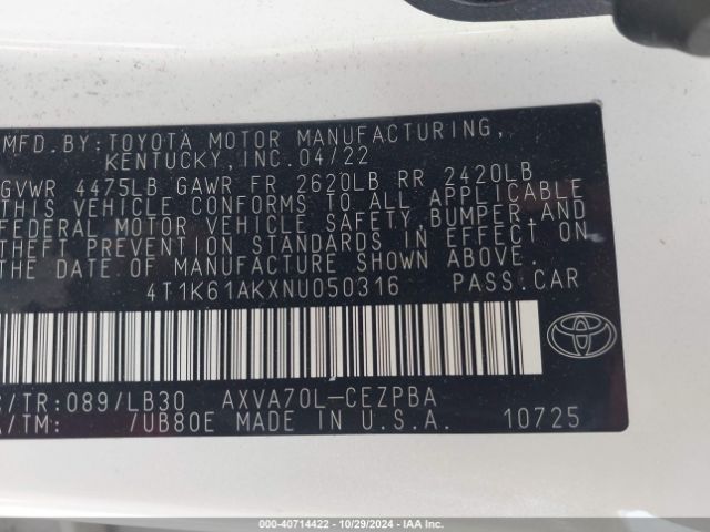 4T1K61AKXNU050316 Toyota CAMRY XSE