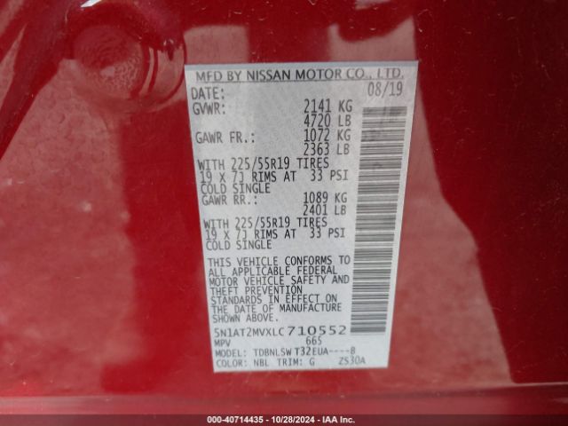 5N1AT2MVXLC710552 Nissan Rogue Sl Intelligent Awd
