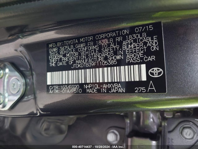 Toyota Prius C Two 2015 JTDKDTB39F1105385 Image 9