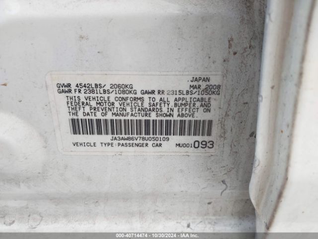 2008 MITSUBISHI LANCER EVOLUTION JA3AW86V78U050109 Photo 8