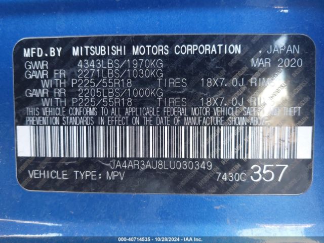2020 MITSUBISHI OUTLANDER SPORT JA4AR3AU8LU030349 Photo 8
