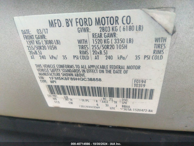 Ford Explorer Limited 2017 1FM5K8F89HGC38858 Image 9