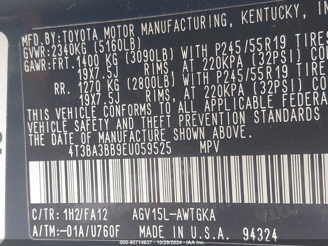 4T3BA3BB9EU059525 Toyota VENZA LE