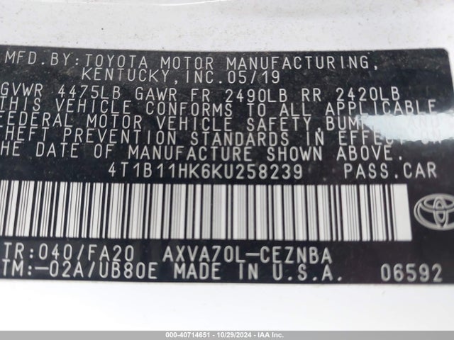 Toyota CAMRY LE 2019 4T1B11HK6KU258239 Image 9