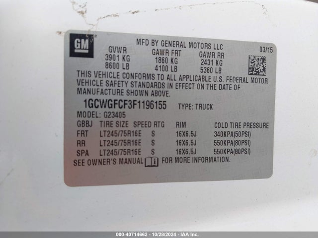 Chevrolet Express 2500 Work Van 2015 1GCWGFCF3F1196155 Image 9