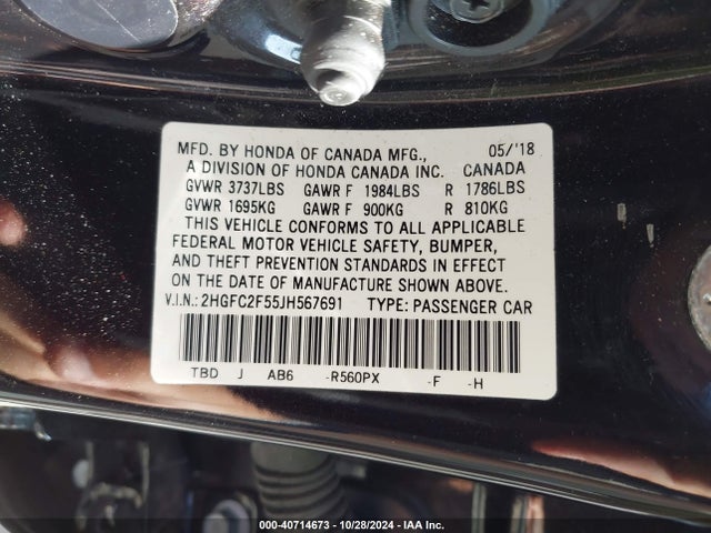 Honda Civic Lx 2018 2HGFC2F55JH567691 Image 9
