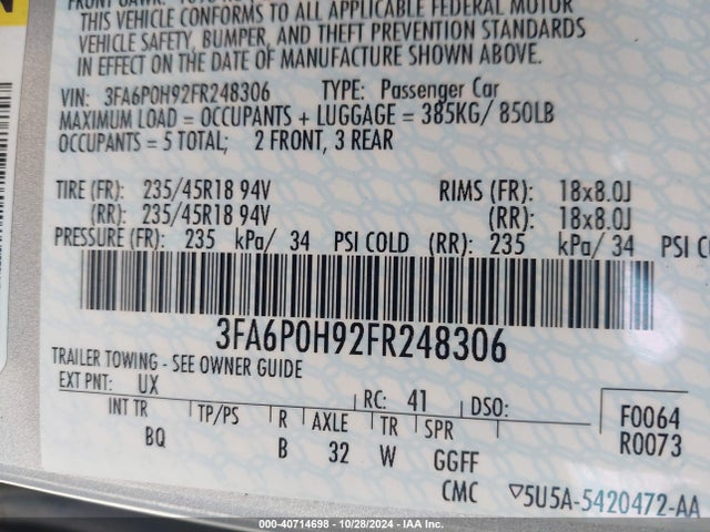 Ford FUSION SE 2015 3FA6P0H92FR248306 Image 9