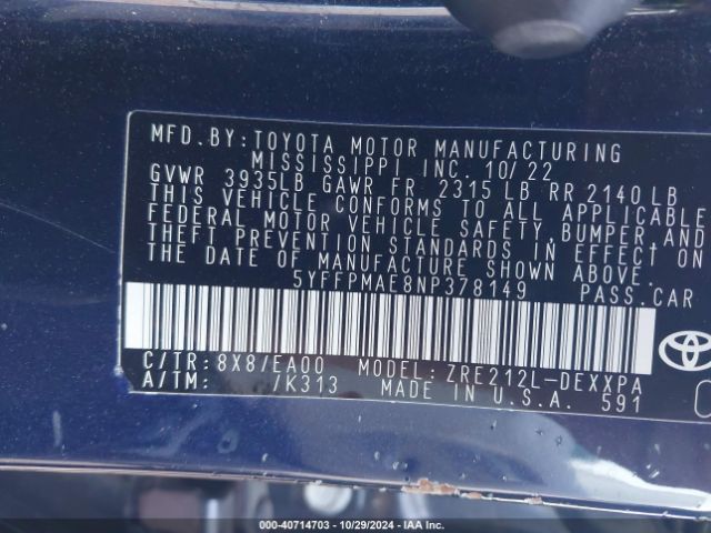 5YFFPMAE8NP378149 Toyota Corolla Xle