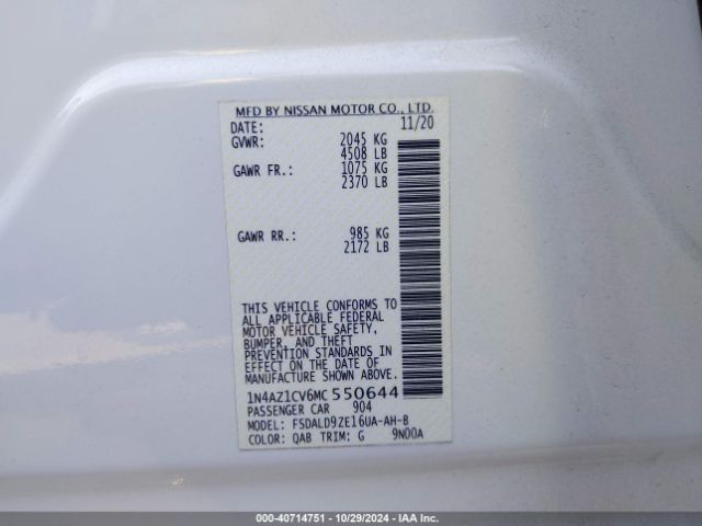 1N4AZ1CV6MC550644 Nissan Leaf Sv 40 Kwh