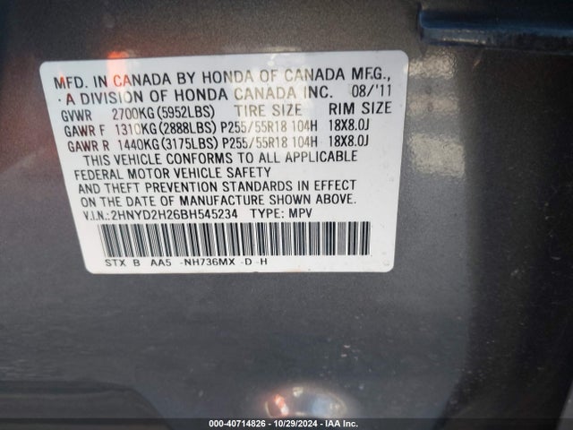 Aukcja sprzedaży 2011 Acura Mdx, vin: 2HNYD2H26BH545234, numer aukcji: 40714826
