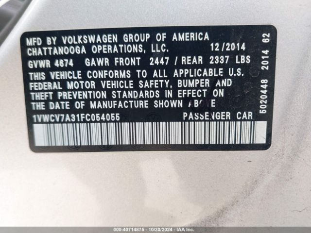 1VWCV7A31FC054055 Volkswagen Passat 2.0l Tdi Sel Premium