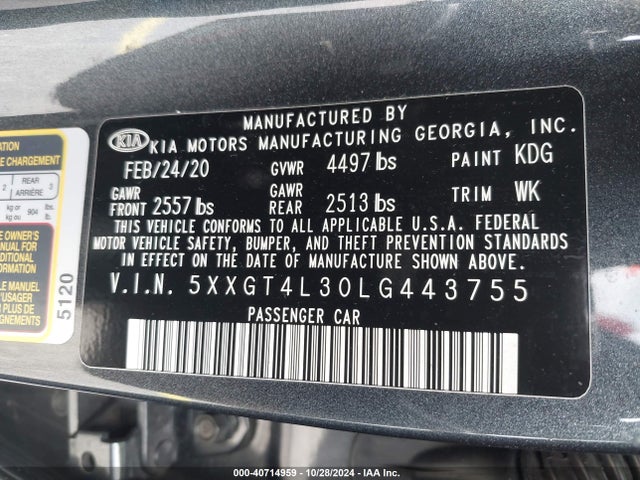 KIA Optima Lx 2020 5XXGT4L30LG443755 Image 9