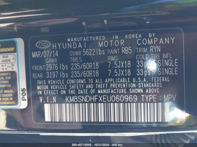 KM8SNDHFXEU060969 Hyundai Santa Fe Limited