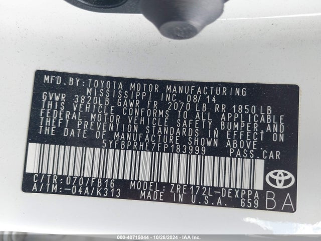 Toyota Corolla Le Eco Plus 2015 5YFBPRHE7FP183999 Image 9