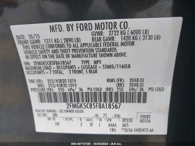 Ford FLEX SEL 2015 2FMGK5C85FBA18567 Image 9