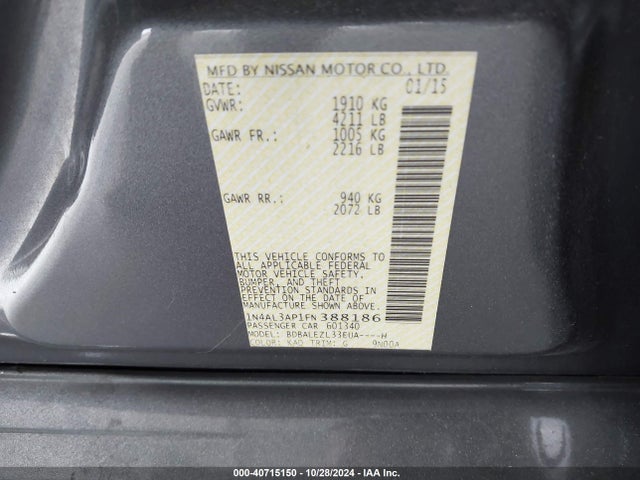 Nissan Altima 2.5 S 2015 1N4AL3AP1FN388186 Image 9