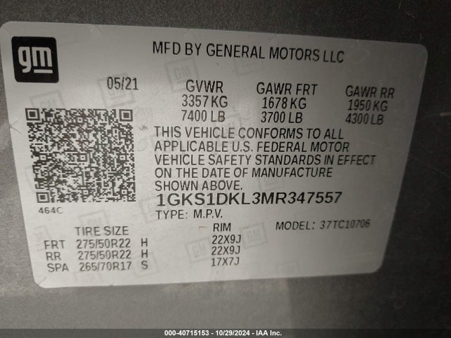 GMC Yukon 2wd Denali 2021 1GKS1DKL3MR347557 Image 9
