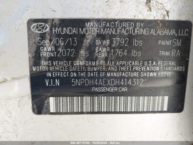 Продажа на аукционе авто 2013 Hyundai Elantra Gls, vin: 5NPDH4AEXDH414312, номер лота: 40715158