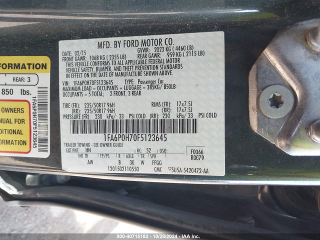 Ford FUSION SE 2015 1FA6P0H70F5123645 Image 9
