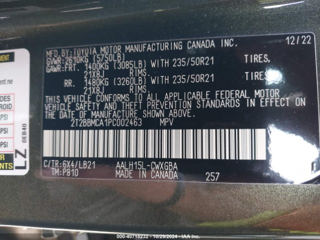 2T2BBMCA1PC002463 Lexus Rx 350h Premium Plus