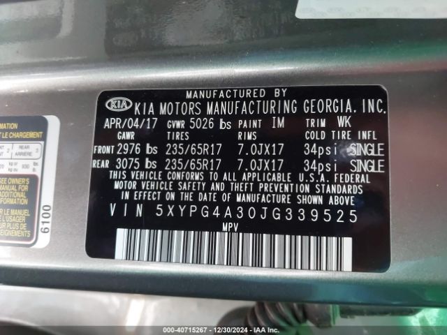 5XYPG4A30JG339525 KIA Sorento 2.4l Lx